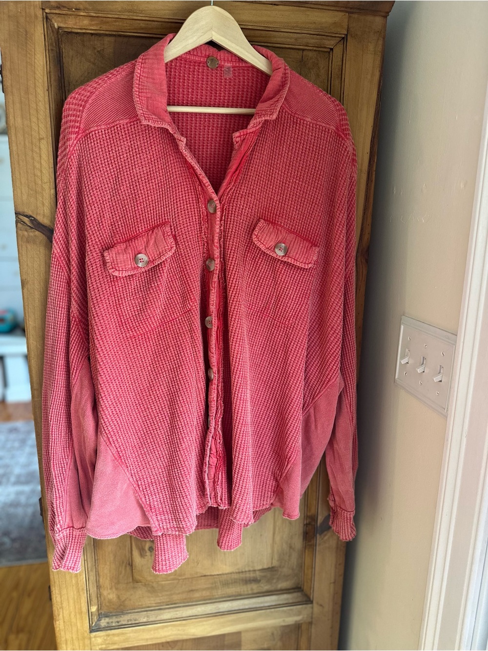 Free People FP One Waffle-Knit Button-Up Shirt Jacket in Coral Red